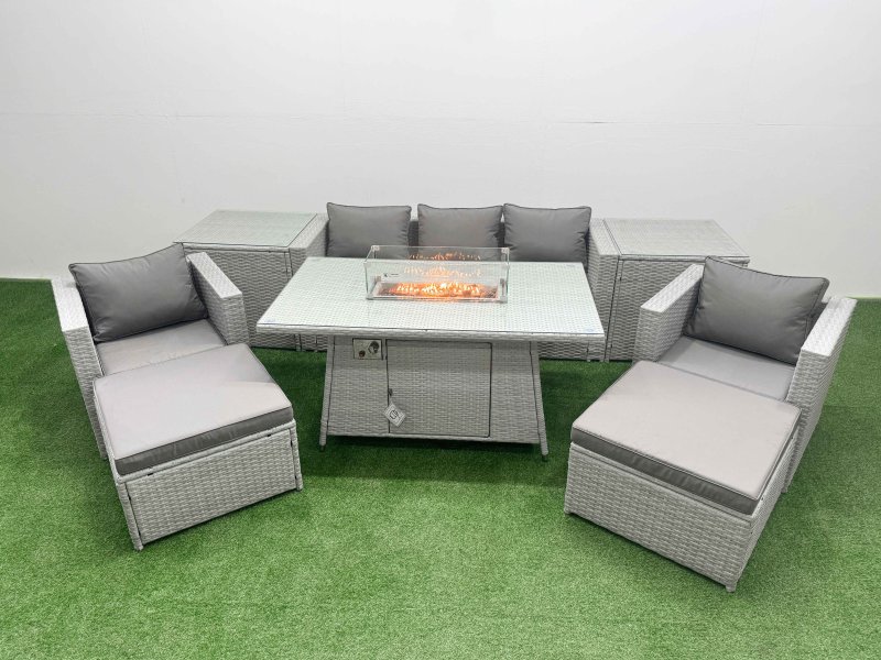 Fimous 7 Seat PE Rattan Lounge Sofa Set Outdoor Garden Furniture Set with Firepit Dining Table 3 Seater Sofa 2 Big Footstools 2 Side Tables Light Grey