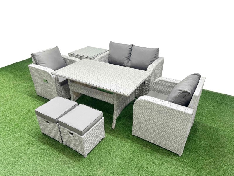 Fimous Light Grey PE Wicker Rattan Garden Furniture Set Sofa Set Reclining Chair Rectangular Dining Table 6 Seater 2 Small Stools Side Table