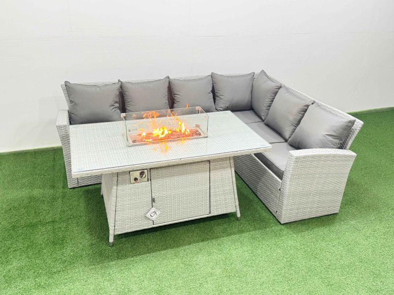 Fimous 6 Seat Rattan Garden Furniture Corner Sofa Set Outdoor Gas Fire Pit Table Set Light Grey