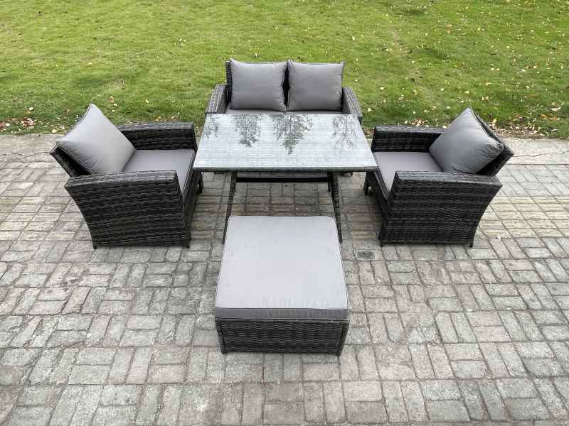 Fimous Outdoor Garden Furniture High Back Rattan Sofa Dining Table Set with Big Footstool Dark Grey Mixed
