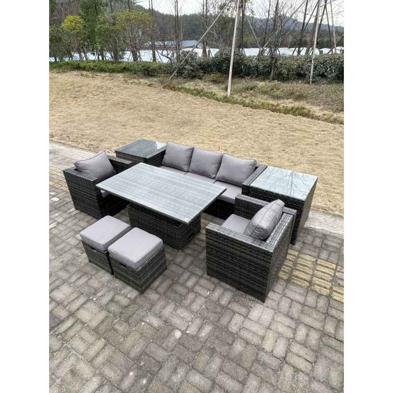 Fimous Rattan Garden Furniture Adjustable Rising Lifting Dining Table Sofa Set Chairs 2 Side Coffee Tables with 2 Stools