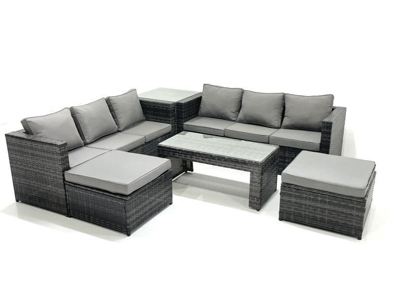 Fimous Garden Outdoor Rattan Furniture Set with Sofa Coffee table 2 Big Footstools Side Table Dark Grey Mixed
