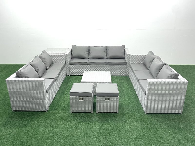 Fimous Rattan Garden Outdoor Furniture Set 11 Seater Rattan Garden Sofa Set with 2 Small Footstool Side Table Light Grey Mixed