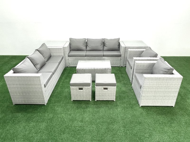 Fimous Outdoor Rattan Sofa Garden Furniture Set with 2 Armchairs Oblong Coffee Table 2 Small Footstools 2 Side Tables Light Grey Mixed