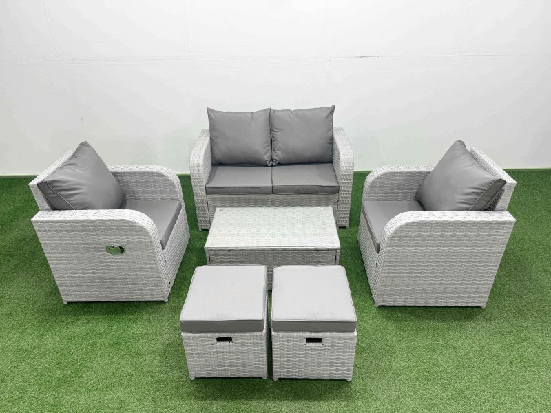 Fimous Light Grey PE Wicker Rattan Garden Furniture Set Sofa Set Reclining Adjustable Chair Rectangular Coffee Table 6 Seater 2 Small Stools