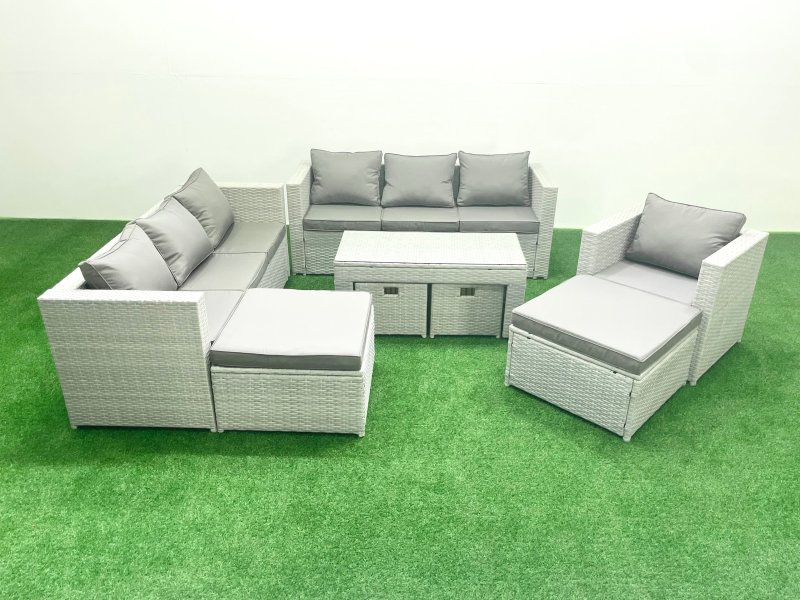 Fimous Outdoor Rattan Garden Furniture Set with Grey Cushions Luxury 11 Seater with Chair and Coffee Table For Conservatory,Patio