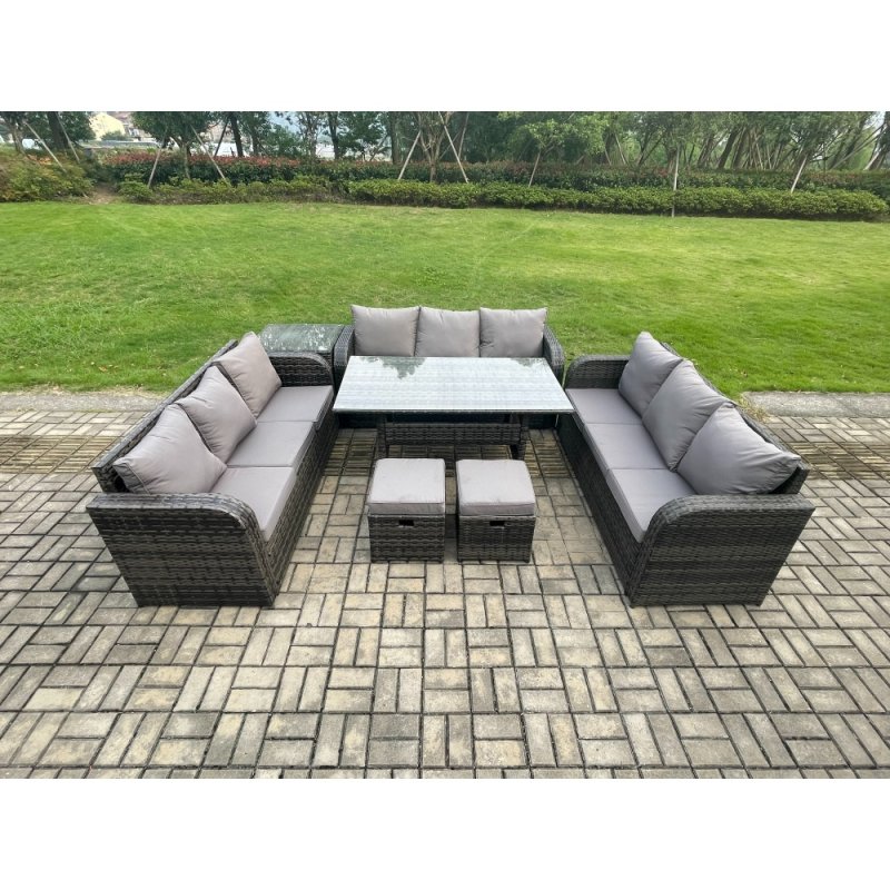 Fimous Patio Rattan Garden Furniture Set with Oblong Rectangular Dining Table 2 Small Footstools Side Table 11 Seater Outdoor Lounge Sofa Set Dark Grey Mixed
