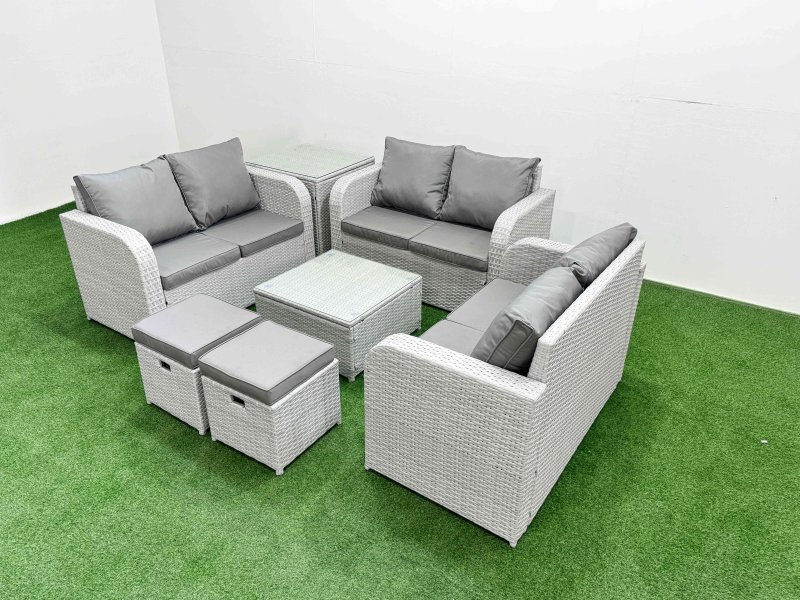 Fimous 8 Seater PE Wicker Rattan Furniture Sofa Sets with Square Coffee Table 2 Seater Love Sofa 2 Stool Side Table Light Grey