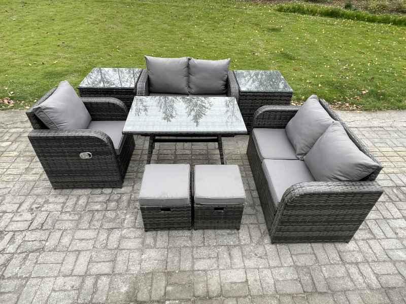 Fimous 7 Seater Outdoor Garden Dining Sets Rattan Furniture With Dining Table Armchairs Love Sofa 2 Small Footstools 2 Side Tables Dark Grey Mixed