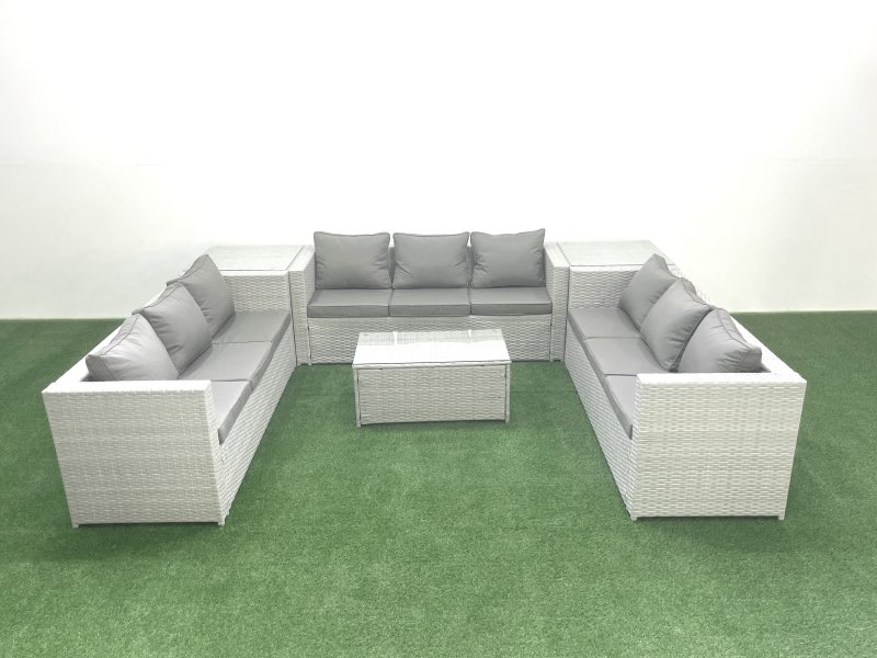 Fimous Rattan Garden Outdoor Furniture Set 9 Seater Garden Sofa Coffee Table Set with 2 Side Tables Light Grey Mixed