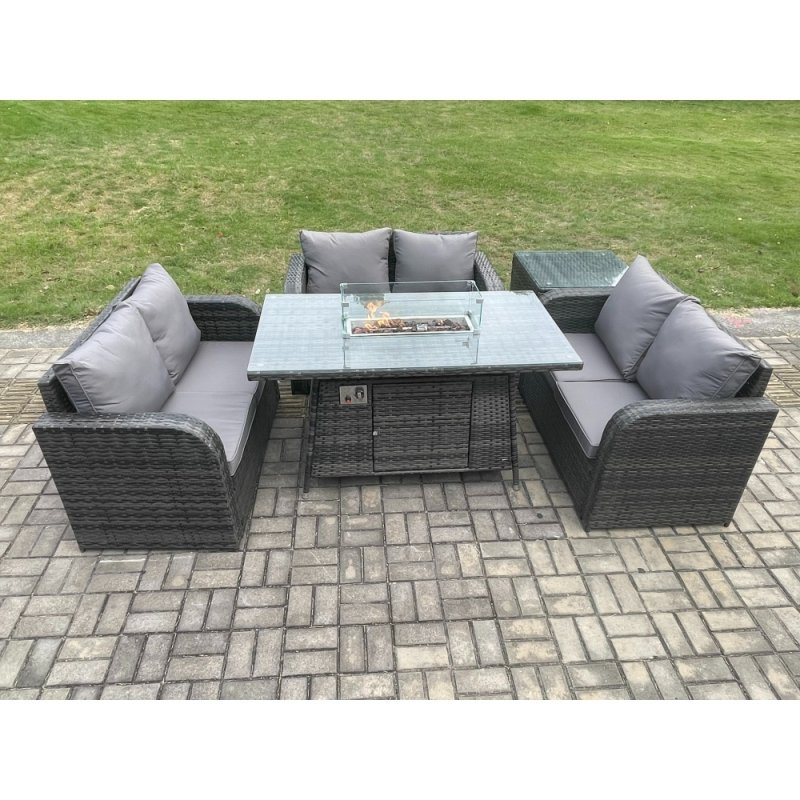 Fimous Rattan Outdoor Garden Furniture Sofa Set Gas Fire Pit Dining Table Gas Heater with Side Table Love Sofa Dark Grey Mixed