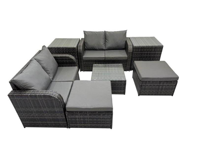 Fimous Rattan Garden Outdoor Furniture Set Love Sofa Square Coffee Table Set with 2 Side Table 2 Big Stools Dark Grey Mixed