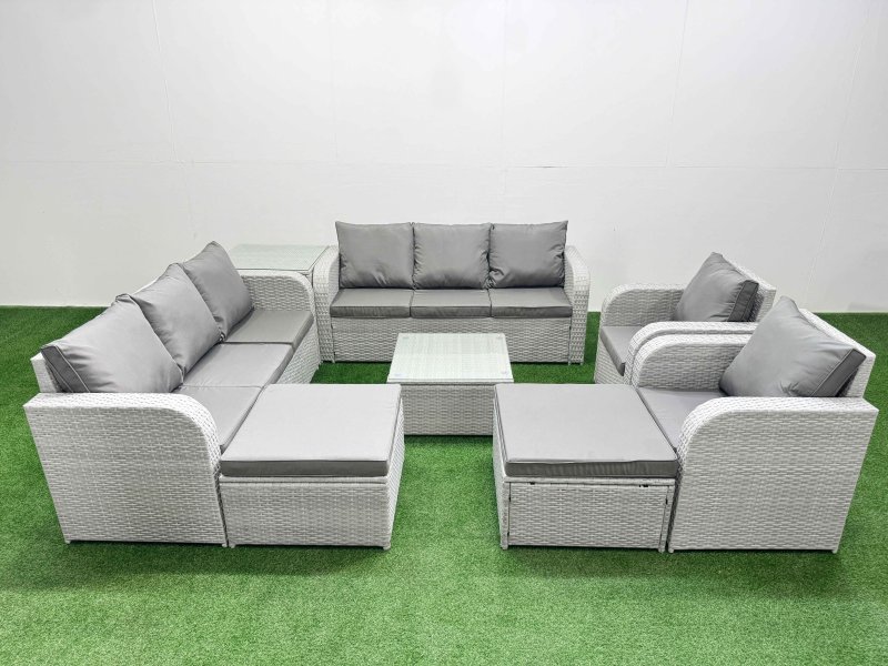 Fimous PE Rattan High Back Lounge Sofa Set Patio Square Coffee Table & Chairs Set with 3 Seater Sofa Reclining Chair 2 Big Footstool Side Table Light Grey
