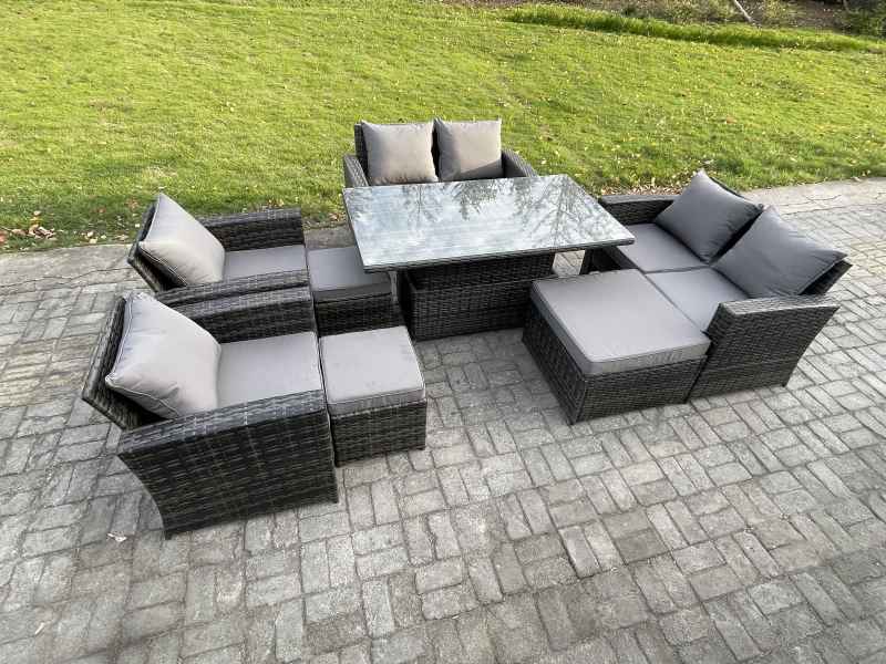 Fimous Outdoor Garden Furniture Sets 8 Pieces Wicker Rattan Furniture Sofa Dining Table Set with 3 Footstools Dark Grey Mixed