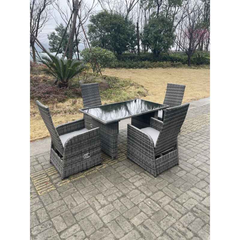 Fimous Dark Grey Mixed Outdoor PE Wicker Rattan Garden Furniture Reclining Chair And Table Dining Sets 4 Seater Rectangular Black Tempered Table
