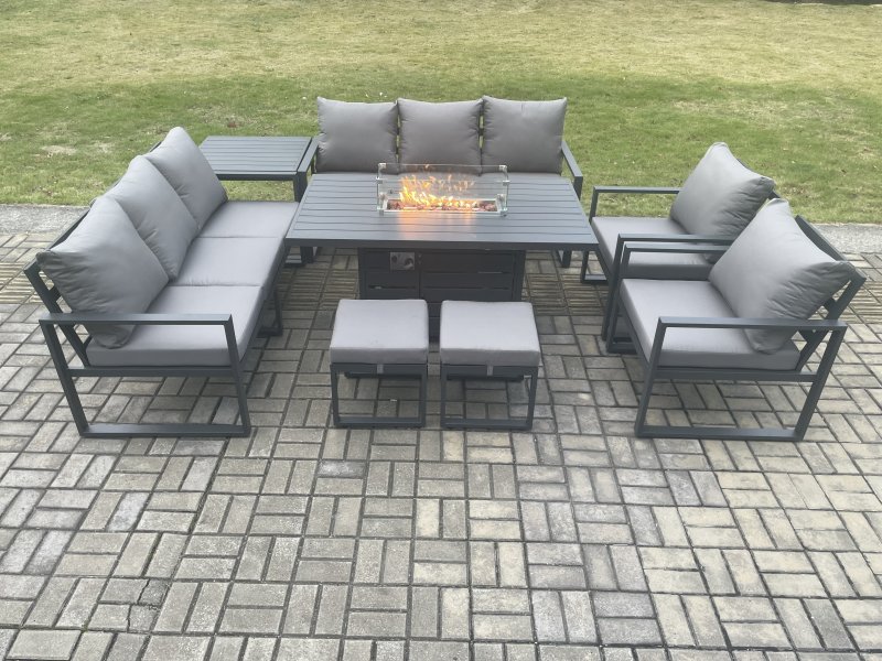 Fimous Aluminium Outdoor Garden Furniture Set Patio Lounge Sofa Gas Fire Pit Dining Table Set with 2 Small Footstools Side Table Dark Grey