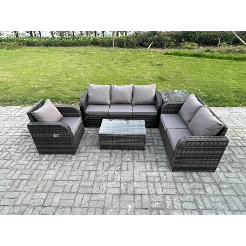 Fimous Patio Garden Furniture Sets Wicker 6 Seater Outdoor Rattan Furniture Sofa Sets with Rectangular Coffee Table Reclining Chair 3 Seater Sofa Side Table