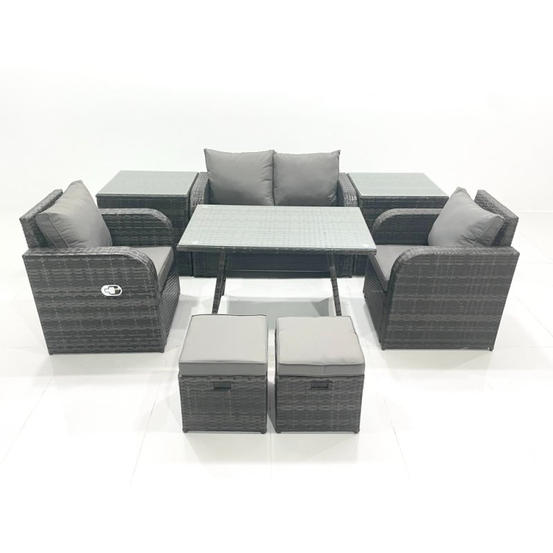 Fimous Outdoor Garden Furniture Set Rattan Sofa Dining Table Set with Reclining Chair 2 Small Footstool 2 Side Table Dark Grey Mixed