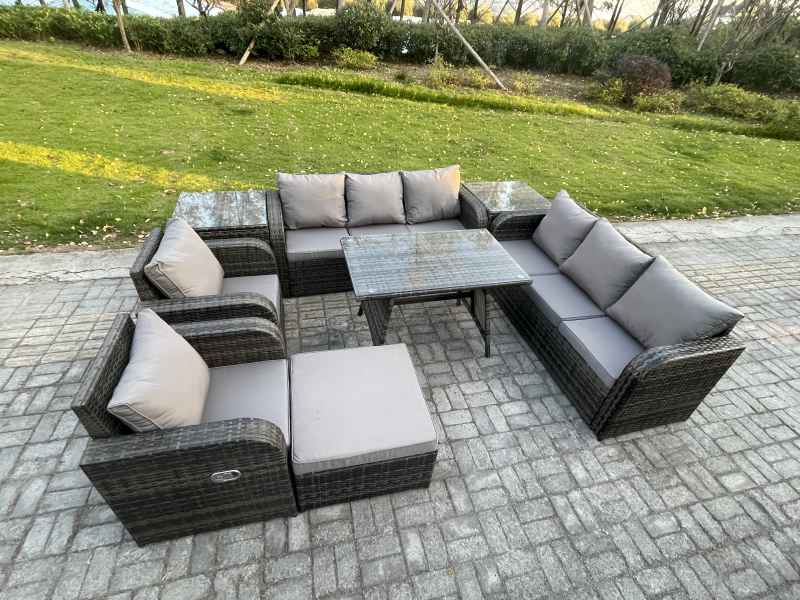 Fimous 9 Seater Rattan Outdoor Garden Furniture Sofa Set Patio Table & Chairs Set with 3 Seater Sofa Rectangular Dining Table 2 Side Tables Big Footstool Dark Grey Mixed