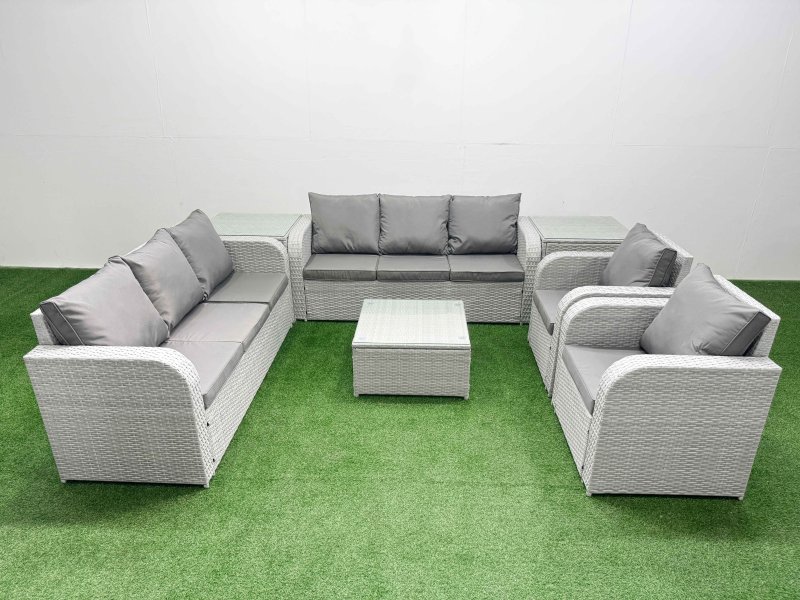Fimous PE Rattan High Back Lounge Sofa Set Patio Square Coffee Table & Chairs Set with 3 Seater Sofa Reclining Chair 2 Side Table Light Grey