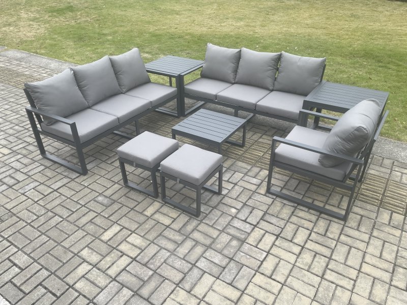 Fimous Aluminium 9 Seater Outdoor Garden Furniture Lounge Sofa Set with Square Coffee Table Chair 2 Small Footstools 2 Side Table Dark Grey