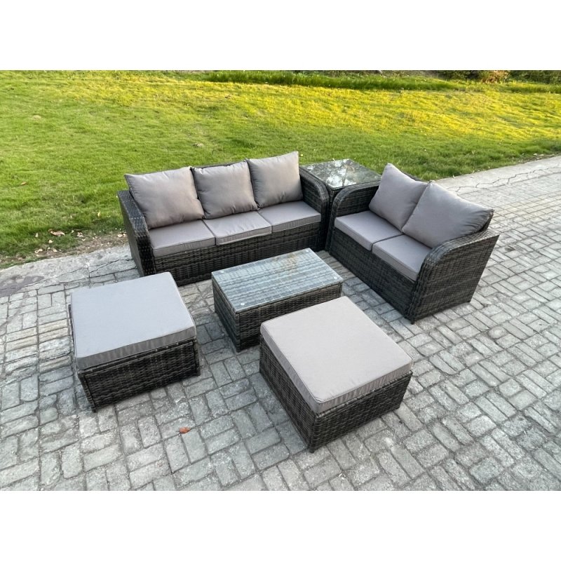 Fimous Wicker PE Rattan Garden Furniture Set 7 Seater Outdoor Lounge Sofa Set with Love Sofa Coffee Table 2 Big Footstool Side Table Dark Grey Mixed