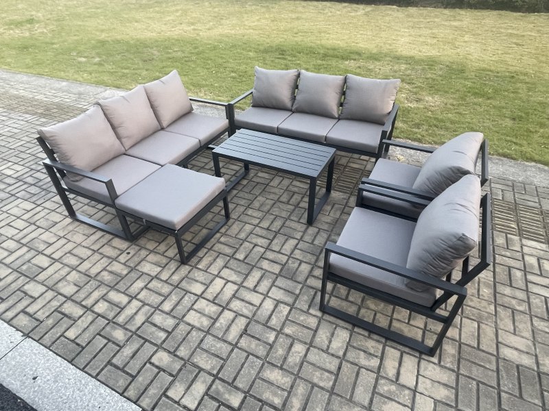 Fimous Aluminium Outdoor Garden Furniture Set 9 Seater Garden Sofa with Oblong Coffee Table Big Footstool Dark Grey