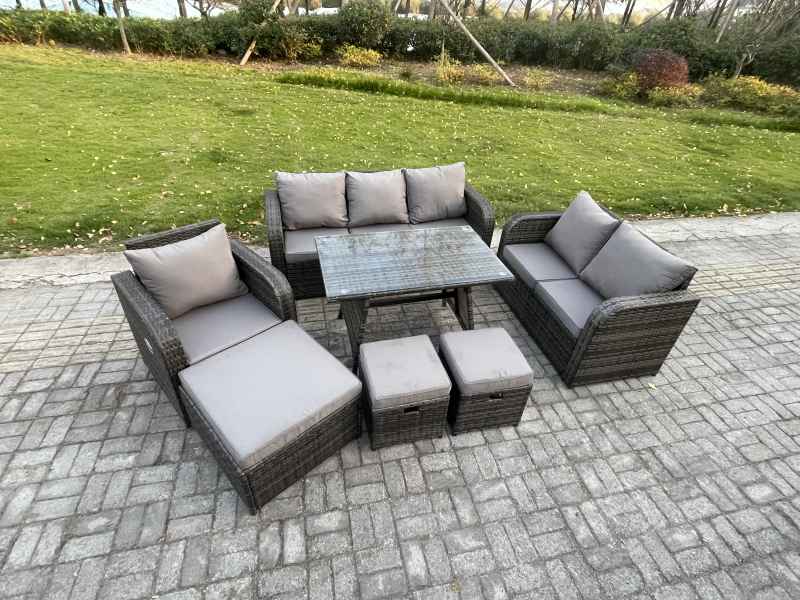 Fimous 9 Seater Outdoor Rattan Garden Furniture Set Patio Lounge Sofa Set with Dining Table 3 Footstools Dark Grey Mixed