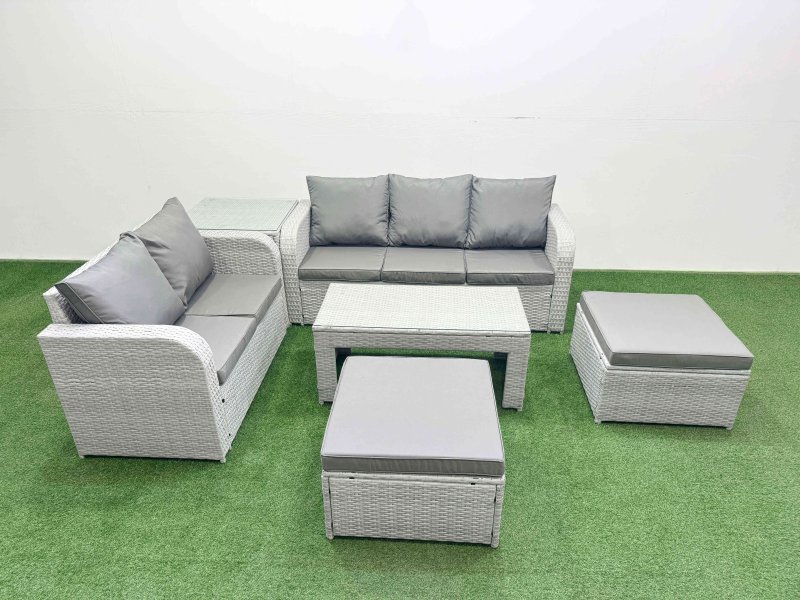 Fimous 7 Seater PE Rattan Wicker Garden Furniture Patio Conservatory Sofa Set with Oblong Coffee Table 3 Seater Sofa Love Sofa 2 Big Footstool Side Table