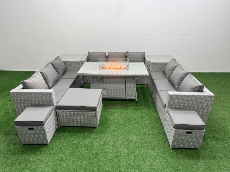Fimous PE Rattan Lounge Sofa Set Outdoor Garden Furniture Set with Firepit Dining Table 3 Seater Sofa 2 Side Table 3 Stools Light Grey