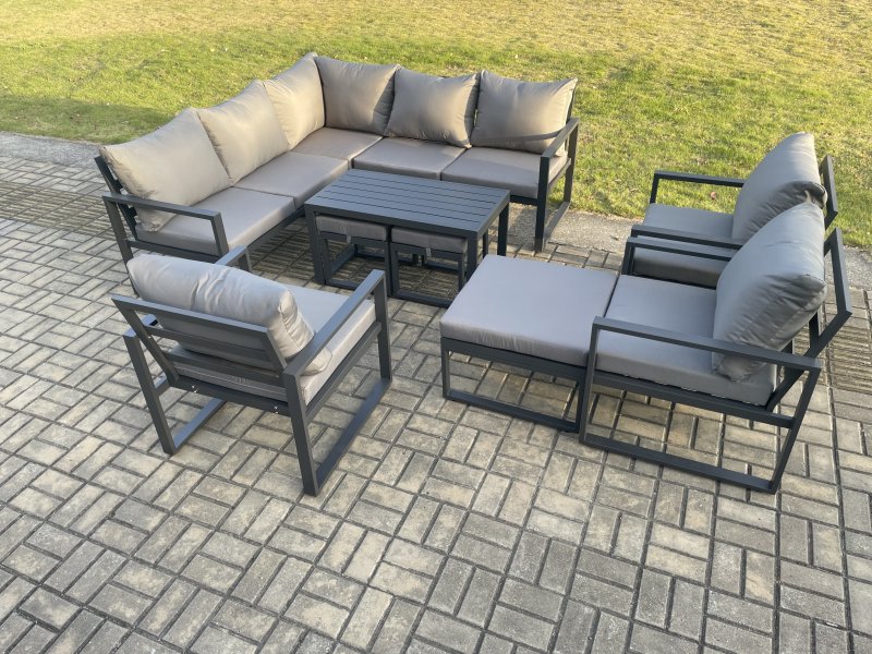 Fimous 11 Seater Aluminium Outdoor Garden Furniture Set Patio Lounge Sofa with Oblong Coffee Table Chair 3 Footstools Dark Grey