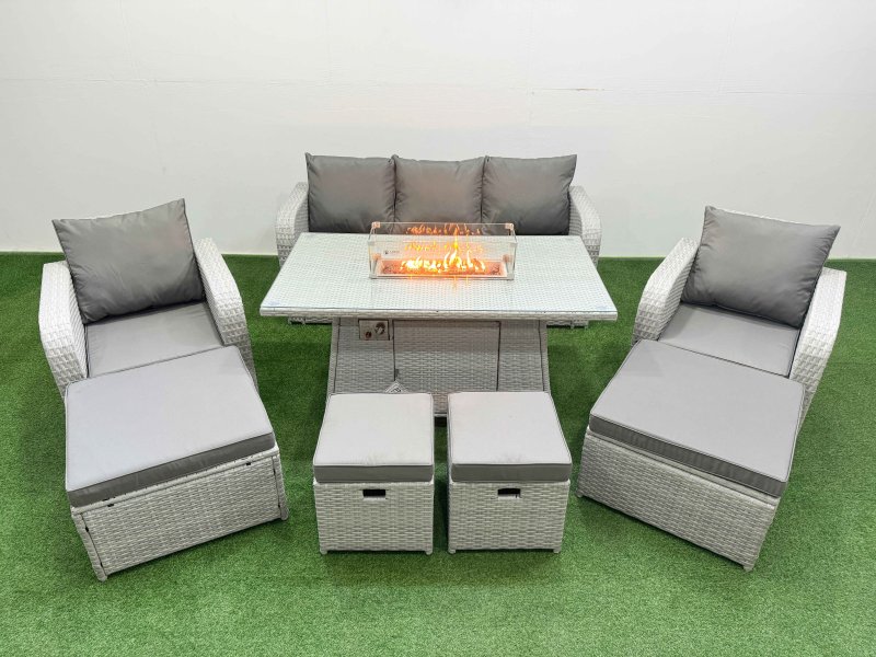 Fimous PE Rattan Lounge Sofa Set 9 Seater Outdoor Garden Furniture Set with Gas Firepit Table 3 Seater Sofa 2 Big Footstools Light Grey