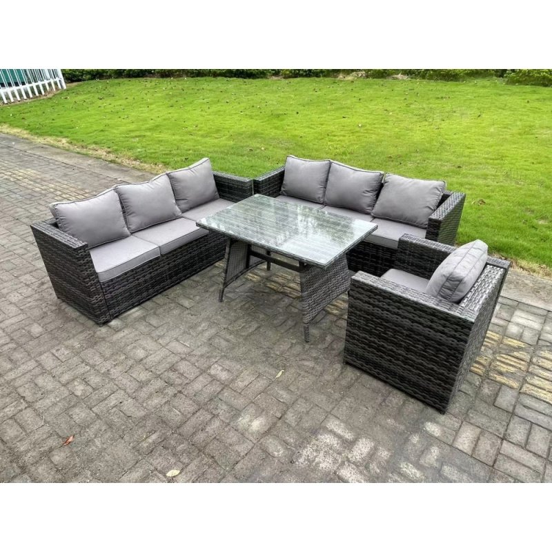 Fimous Wicker PE Rattan Garden Dining Set Outdoor Furniture Sofa with Patio Dining Table Armchair 7 Seater Dark Grey Mixed