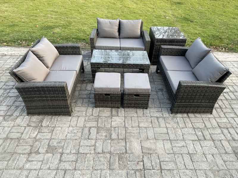 Fimous 7 PCS Outdoor Lounge Sofa Set Wicker PE Rattan Garden Furniture Set with Coffee Table Double Seater Sofa Side Table 2 Small Footstools Dark Grey Mixed