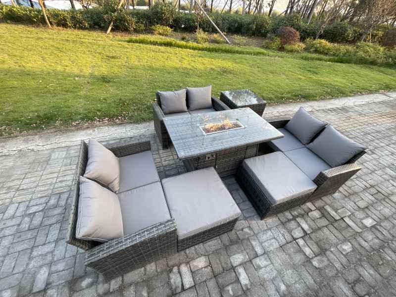 Fimous High Back Rattan Garden Furniture Sofa Sets with Outdoor Furniture Gas Firepit Dining Table Set 2 Big Footstool Side Table Dark Grey Mixed