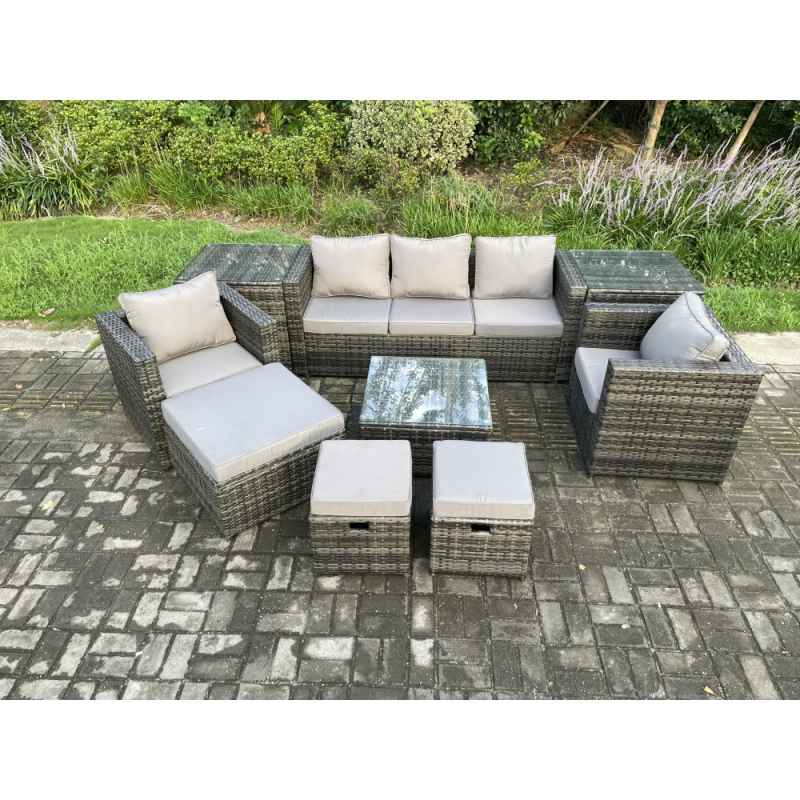 Fimous Wicker Rattan Garden Furniture Sofa Set with 2 Side Tables Armchair Square Coffee Table 3 Footstools 8 Seater Outdoor Rattan Set Dark Grey Mixed