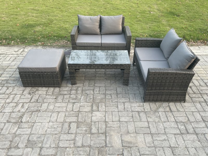 Fimous 4 Pieces Garden Furniture Sets Poly Rattan Outdoor Patio Furniture PE Wicker Furniture Set with Big Footstool Loveseat and Table for Garden Backyard Dark Grey Mixed