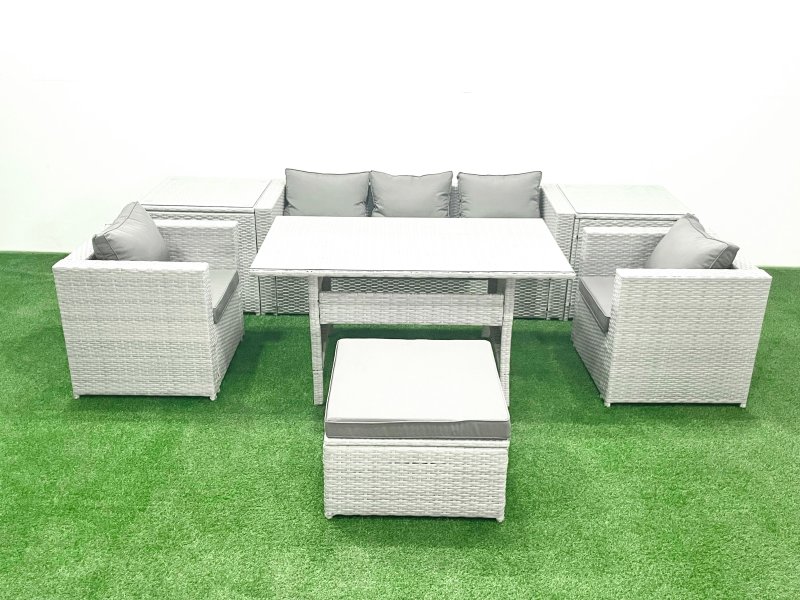 Fimous Garden Dining Set Outdoor Rattan Furniture Set with Sofa Dining Table 2 Chairs Big Footstool 2 Side Tables Light Grey Mixed