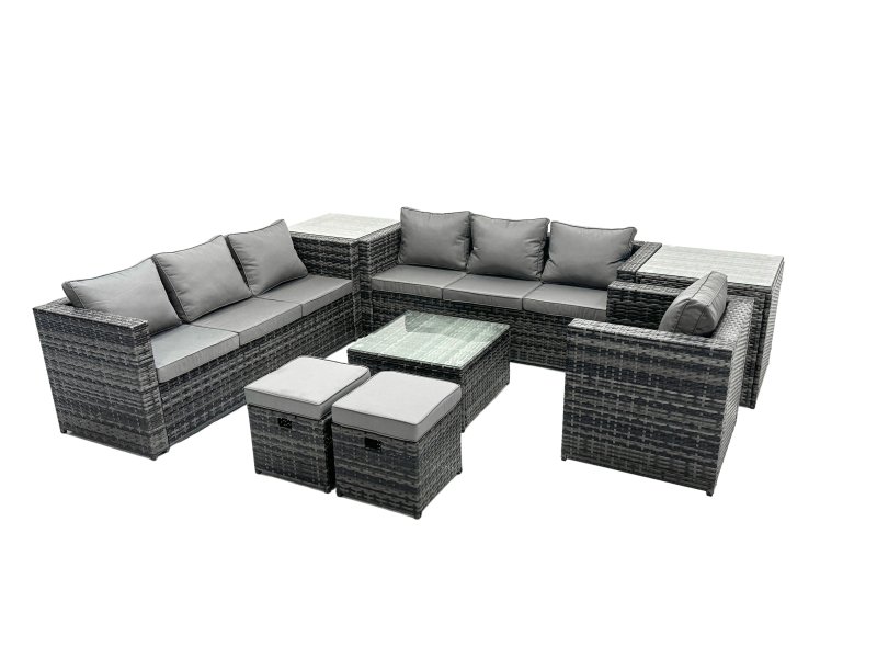 Fimous Rattan Garden Furniture Dining Set 9-seater Patio Coffee Table Sofa Set with 2 Side Tables 2 Small Stools Dark Grey Mixed