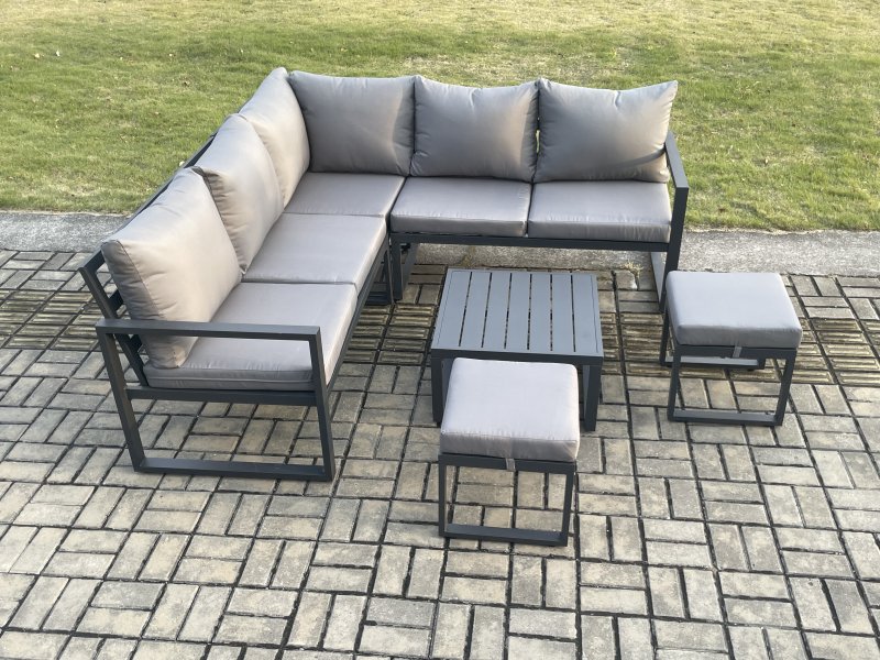 Fimous Outdoor Garden Furniture Set Aluminium Lounge Sofa Square Coffee Table Sets with 2 Small Footstools Indoor Conservatory Set Dark Grey