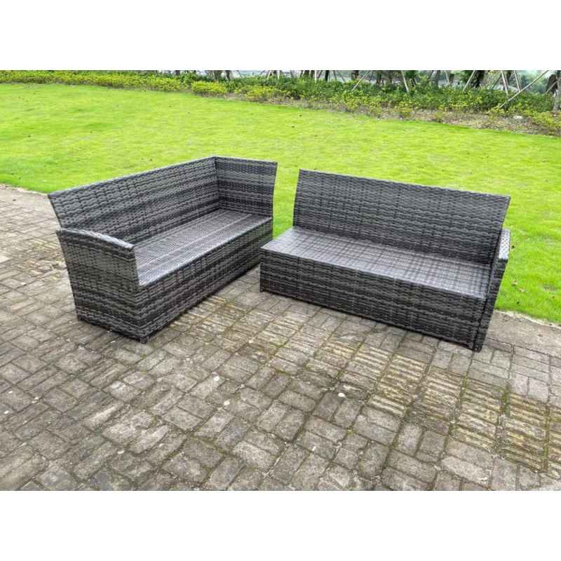 High Back Dark Mixed Grey Rattan Corner Sofa Set Outdoor Furniture Rectangular Dining Table 2 Small Footstools 8 Seater