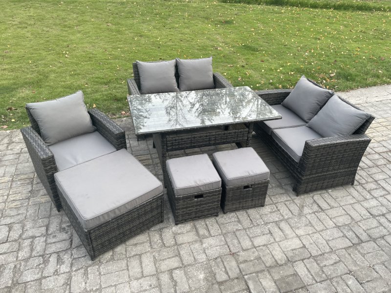 Fimous 8 Seater Outdoor Garden Dining Set Wicker PE Rattan Furniture Sofa with Rectangular Dining Table Double Seat Sofa Dark Grey Mixed