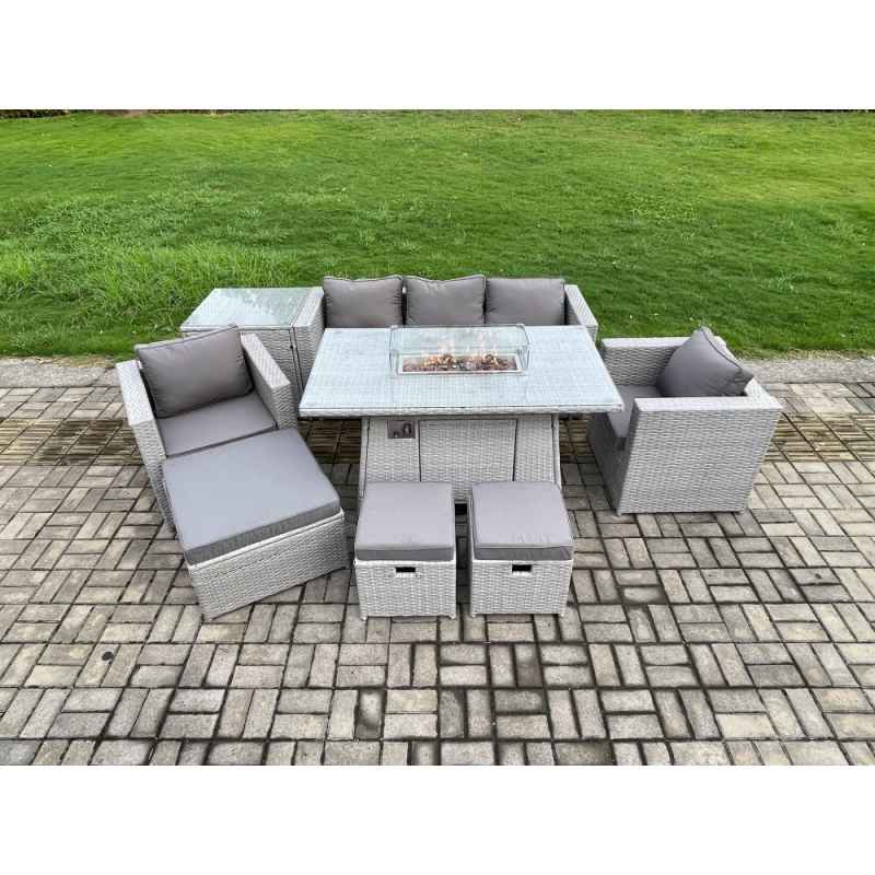 Fimous Outdoor Garden Dining Sets Rattan Furniture Gas Fire Pit Dining Table With 2 Armchairs Side Table 3 Footstools Light Grey