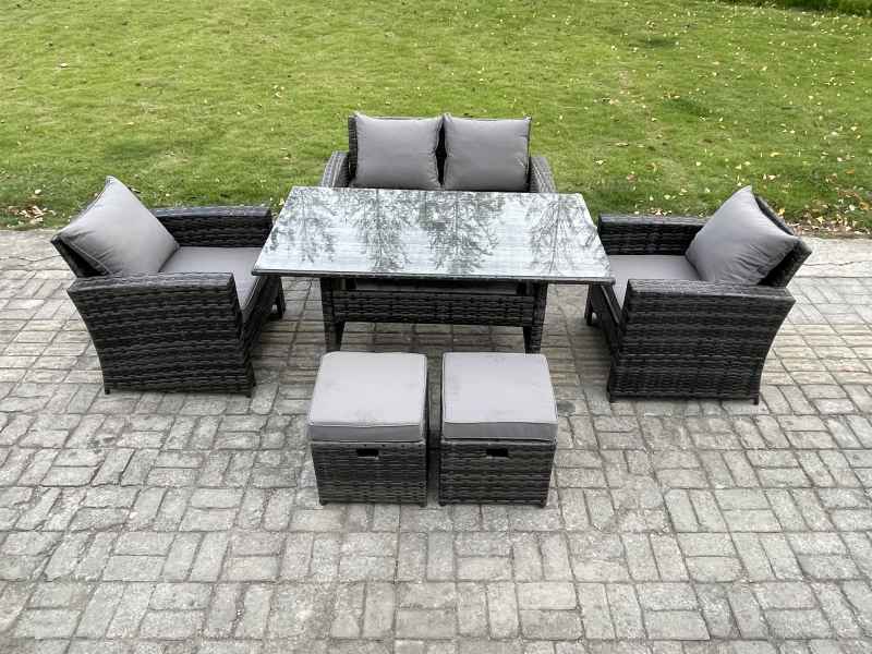 Fimous 6 Seater PE Wicker Outdoor Garden Furniture Set Patio Furniture Rattan Rectangular Dining Table Lounge Sofa with 2 Small Footstools