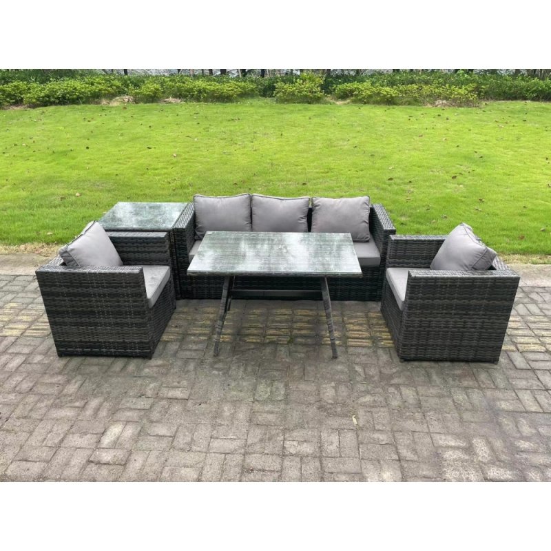 Fimous 5 Seater Wicker Rattan Outdoor Furniture Garden Dining Set with Sofa Oblong Dining Table Armchairs Side Table Dark Grey Mixed
