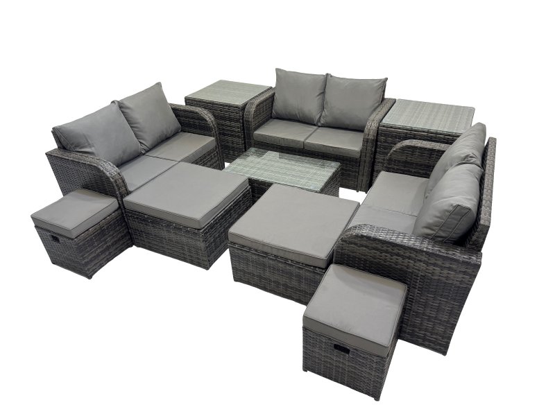 Fimous Outdoor Love Sofa Coffee Table Set Garden Rattan Furniture Set 10 Seater with 4 Stools 2 Side Tables Dark Grey