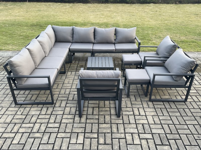 Fimous Aluminium Outdoor Garden Furniture Set Lounge Corner Sofa 3 Pcs Chair Square Coffee Table Sets with 2 Small Footstools Dark Grey