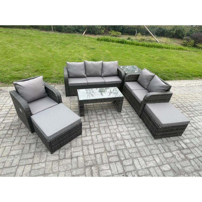 Fimous High Back Rattan Garden Furniture Set with Loveseat Sofa Rectangular Coffee Table Side Table 2 Big Footstool Indoor Outdoor Patio Lounge Sofa Set Dark Grey Mixed