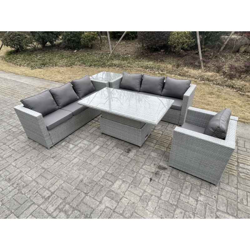 Fimous Rattan Garden Funiture Set Adjustable Rising Lifting Table Sofa Dining Set With Arm Chair And Side Table