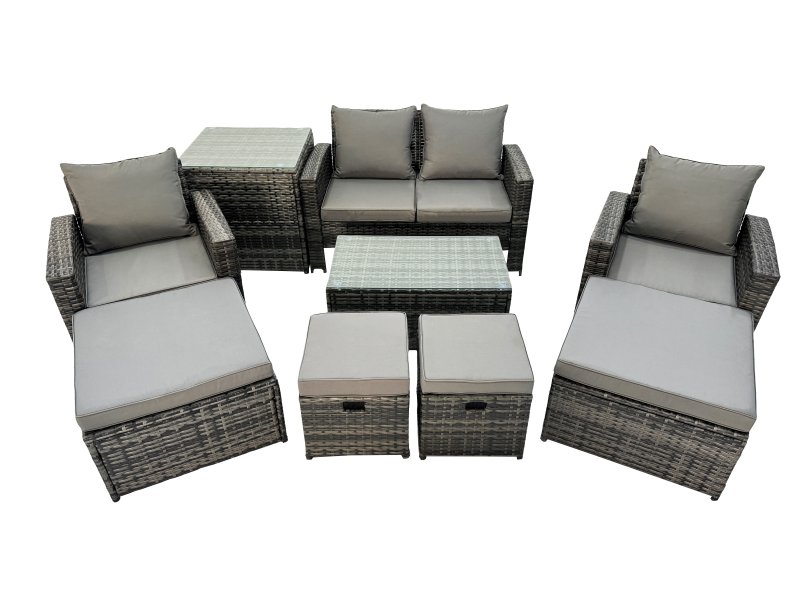 Fimous 8 Seater Wicker PE Rattan Furniture Outdoor Coffee Table Double Seat Sofa 4 Stools Side Table Set Dark Grey Mixed